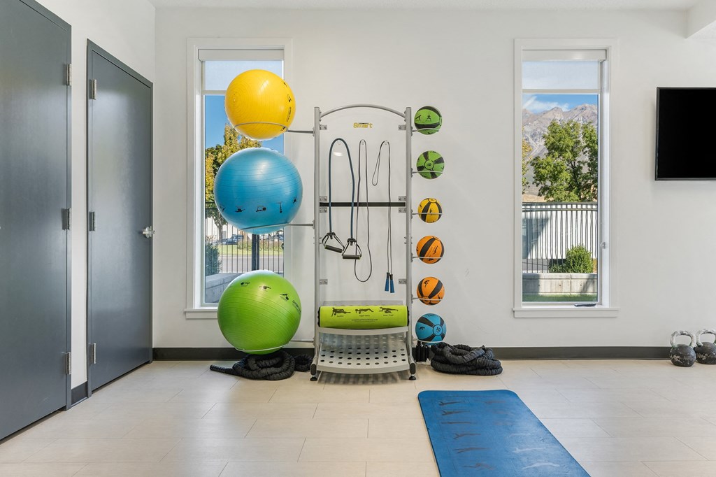 a workout room with weights and other exercise equipment in a house at The Flats at Riverwoods, Provo, UT, 84604