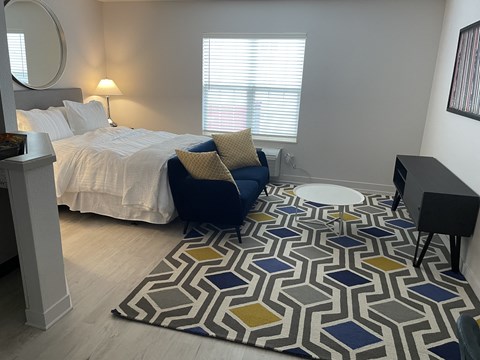 a bedroom with a bed and a rug in the center of it