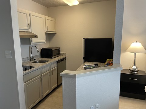 a kitchen with a counter and a sink and a television
