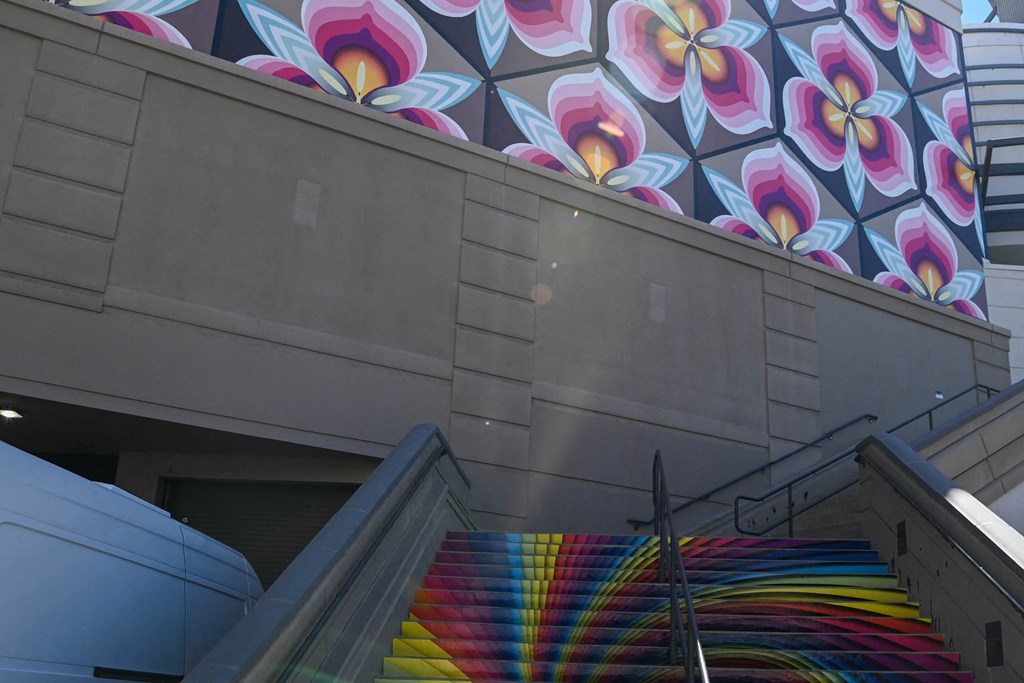 colorful stairs and wall at Paperbox Lofts, Salt Lake City, Utah, 84101