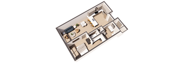 Monet Juene income restricted 1 bed 1 bath floor plan at Paperbox Lofts in Salt Lake City UT featuring an open concept layout modern kitchen full bathroom