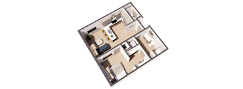Monet Rouge income restricted 1 bed 1 bath floor plan at Paperbox Lofts in Salt Lake City UT featuring an open concept layout modern kitchen full bathroom