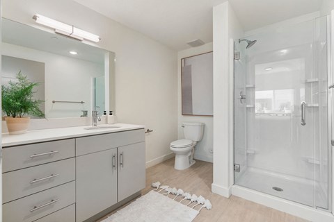 a white bathroom with a toilet and a shower at Paperbox Lofts, Salt Lake City, 84101