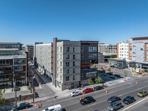 an aerial view of a city with buildings and cars on the street at Paperbox Lofts, Salt Lake City, UT, 84101