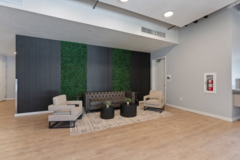 commons lobby with couches and chairs at Paperbox Lofts, Salt Lake City, UT, 84101