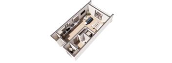 Picasso Juene income restricted studio floor plan at Paperbox Lofts in Salt Lake City UT featuring an efficient open concept layout modern kitchen full bathroom and stylish downtown apartment design