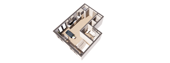 Picasso Rouge income restricted studio floor plan at Paperbox Lofts in Salt Lake City UT featuring an efficient open concept layout modern kitchen full bathroom smart storage