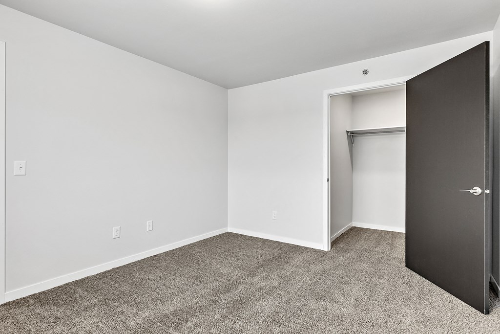 a bedroom with gray carpet and a closet with a black door