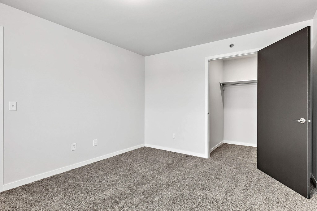 a bedroom with gray carpet and a closet with a black door at Red Rock Apartments, South Dakota 57702