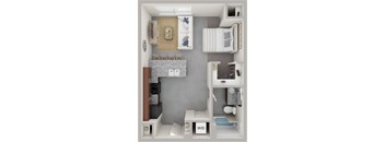 Income restricted studio floor plan at Wilmington Flats Apartments in Salt Lake City UT featuring an open concept layout modern kitchen full bathroom