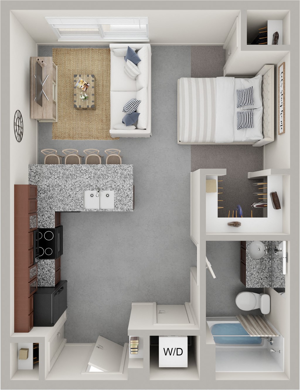 a floor plan of a studio apartment with a bedroom and a bathroom