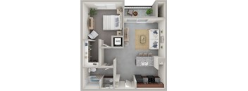 Income restricted 1 bed 1 bath floor plan at Wilmington Flats Apartments in Salt Lake City UT featuring an open concept layout modern kitchen full bathroom
