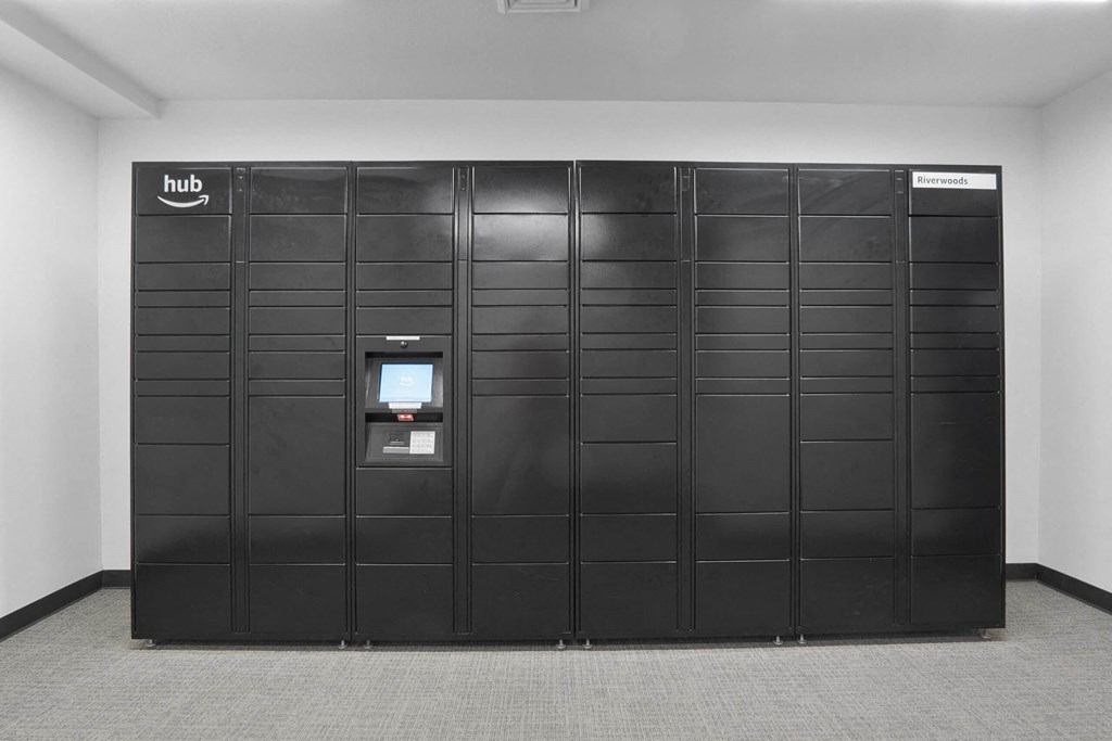 a row of lockers in a room at The Flats at Riverwoods, Provo, UT, 84604