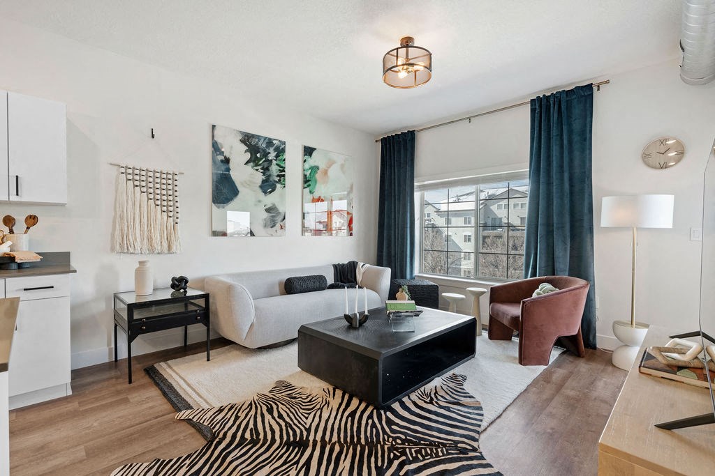 a living room with a couch and a coffee table at The Revival, Salt Lake City Utah
