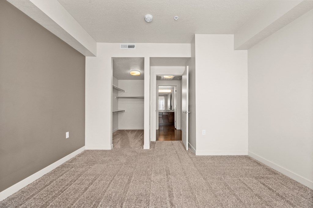 a spacious living room with gray walls and a carpeted floor