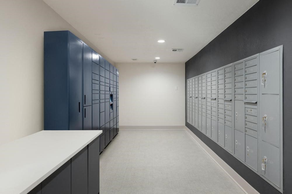 a room with many lockers and a counter