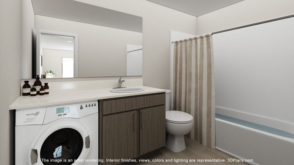 a 3d rendering of a bathroom in a 555 waverly unit