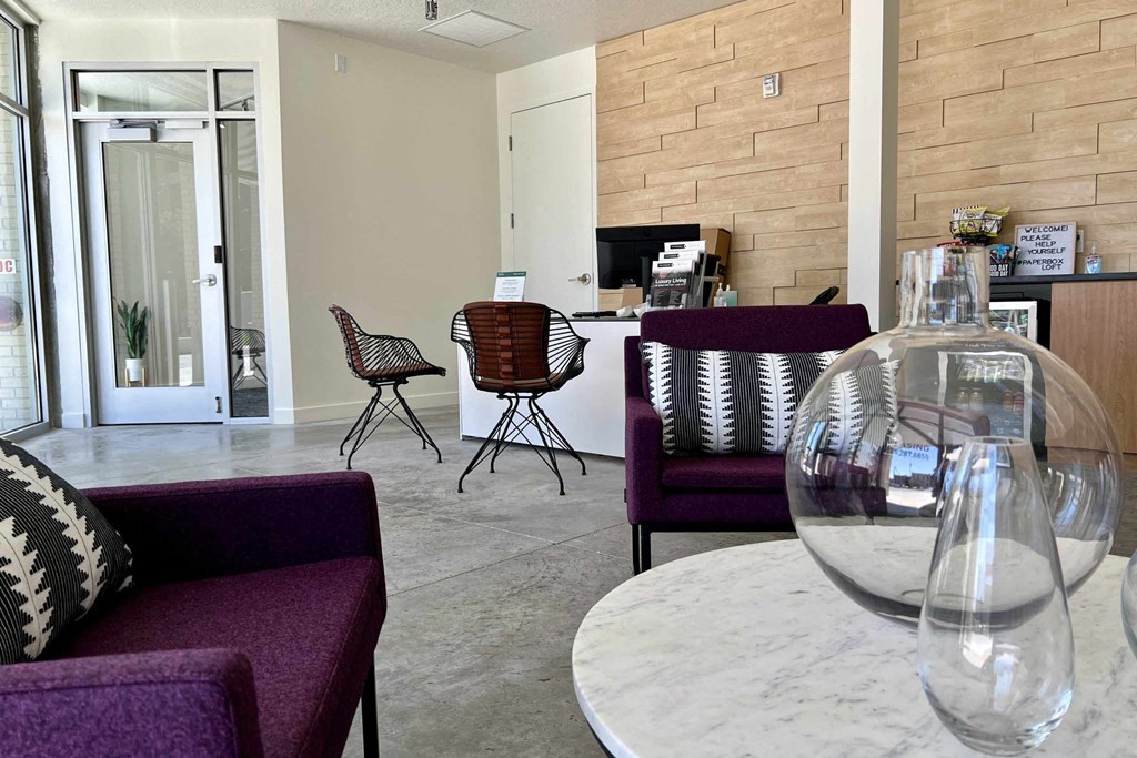 purple chairs in the clubhouse at Paperbox Lofts, Utah