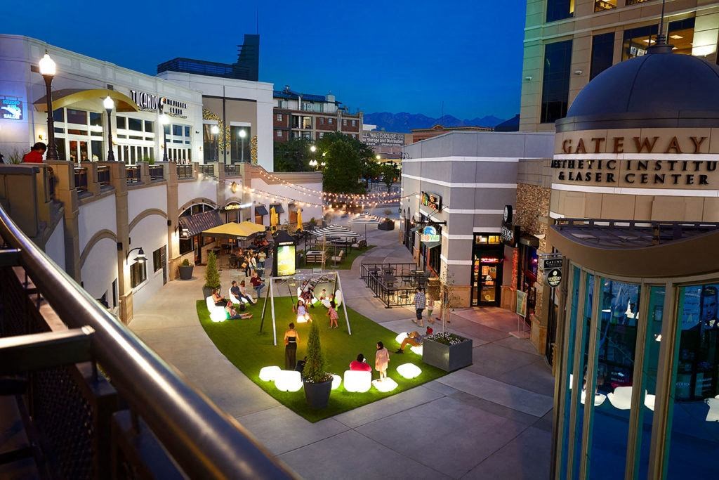 gateway at night at Paperbox Lofts, Salt Lake City, Utah