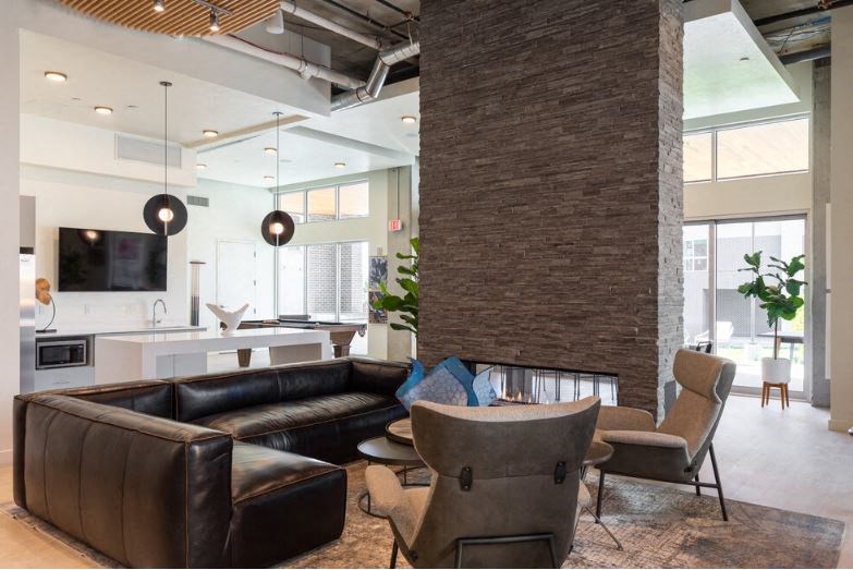 clubhouse fireplace at Paperbox Lofts, Salt Lake City, Utah