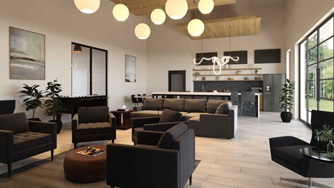 A modern living room with dark furniture and a fireplace.