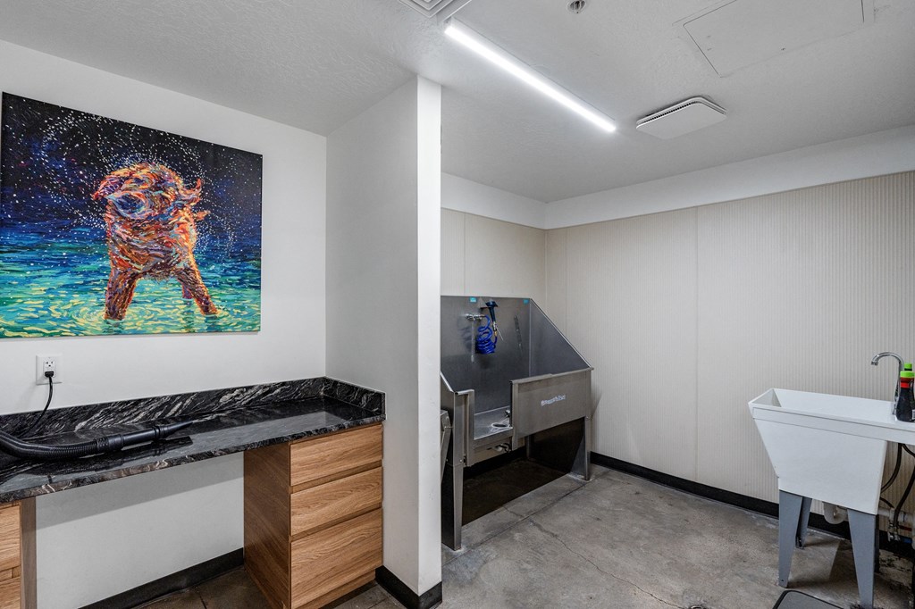 a kitchen with a sink and a painting of a dog at The Flats at Riverwoods, Provo, Utah