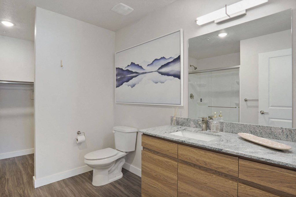 a bathroom with a toilet sink and mirror at The Flats at Riverwoods, Provo, 84604