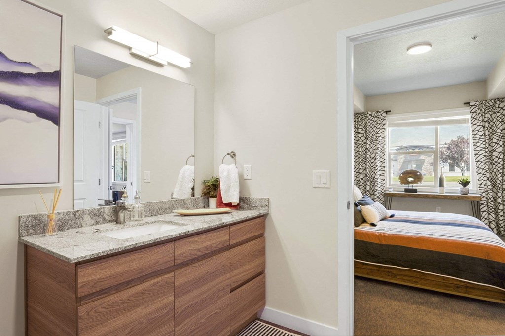 bathroom and bedroom at The Flats at Riverwoods, Provo, Utah