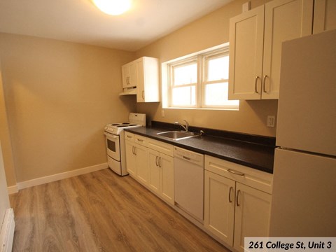 A kitchen with white cabinets and black countertops.
