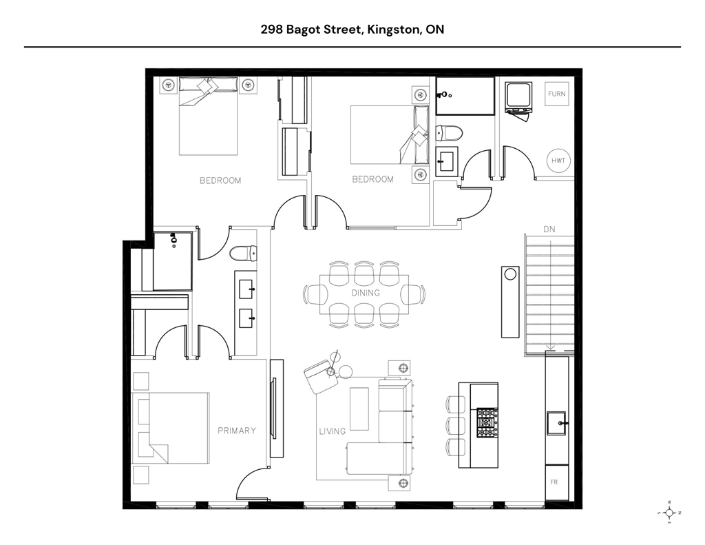 A black and white image of a floor plan for a home at 298 Bagot Street, Kingston, ON.