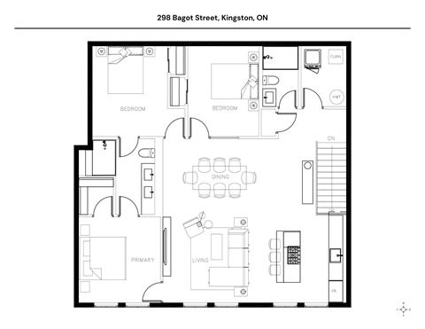 A black and white image of a floor plan for a home at 298 Bagot Street, Kingston, ON.