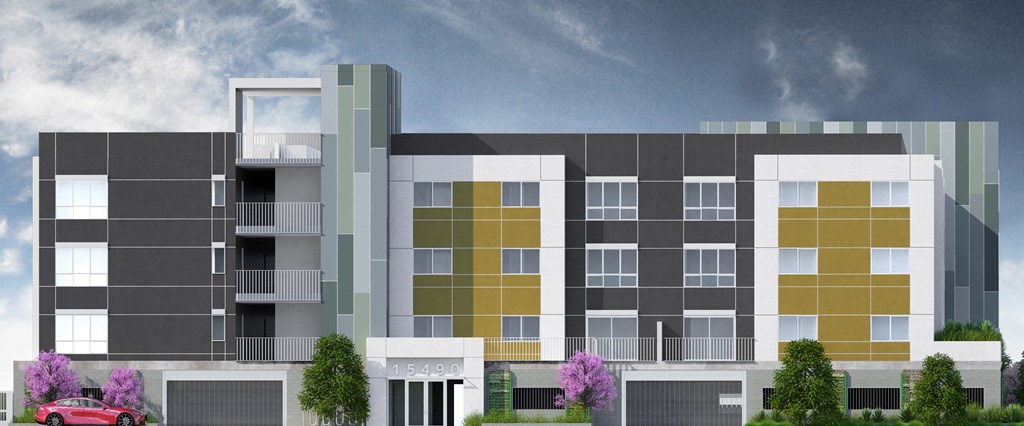 a rendering of an apartment building with different colored blocks