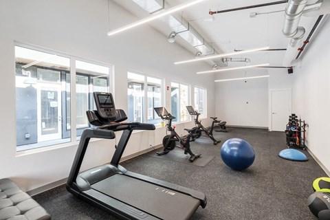 A gym with treadmills, exercise balls, and weights.