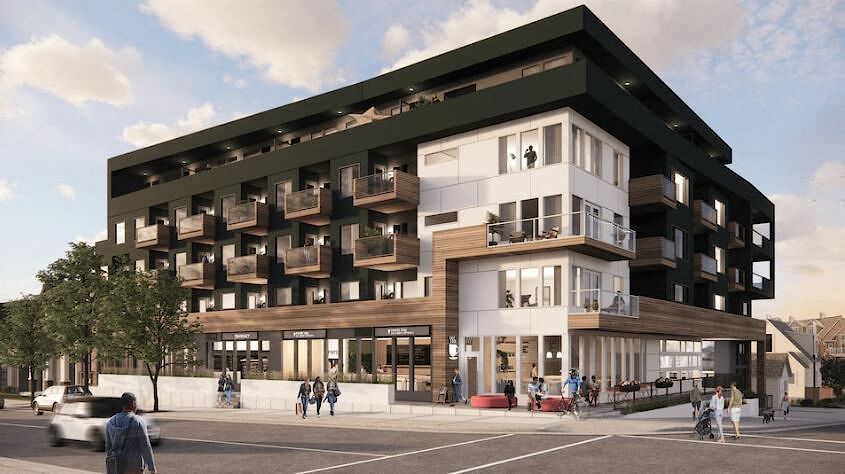 a rendering of a building with a lot of balconies and people walking in front of it