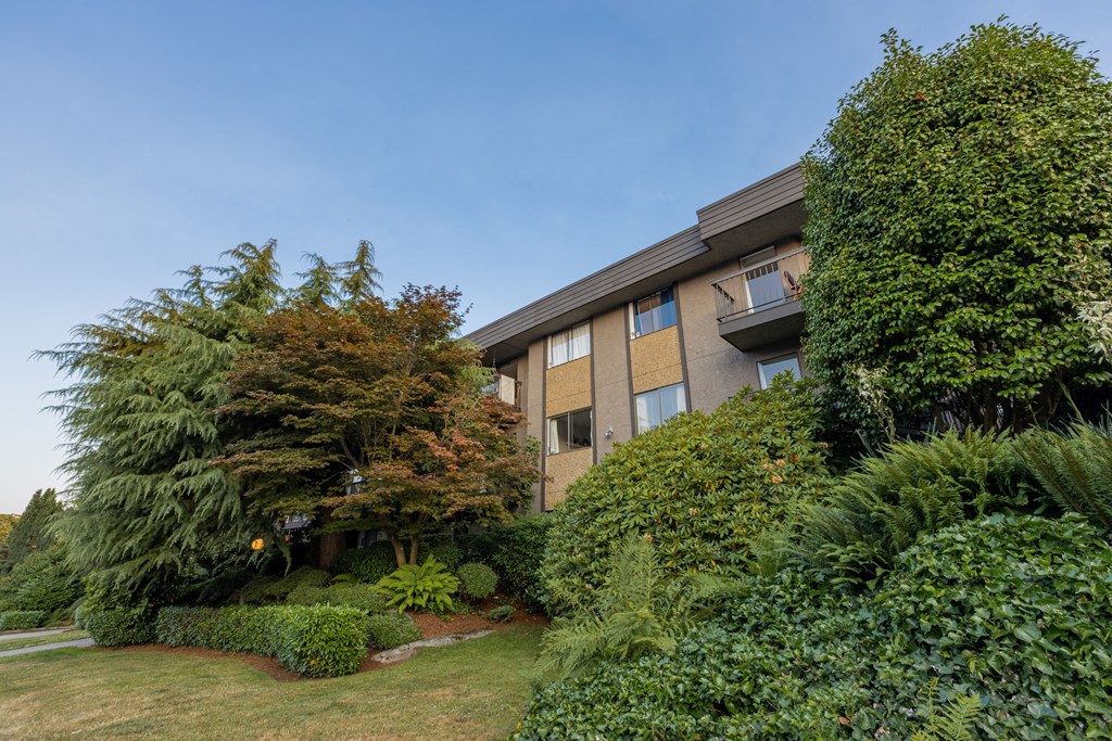 a picture of a building with trees and bushes in front of it