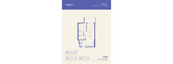 A floor plan for a 570 square foot apartment with one bed and one bath.