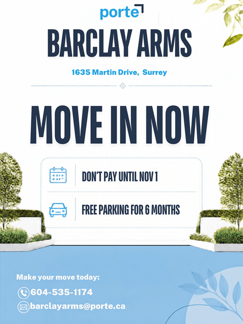 An advertisement for Barclay Arms, offering free parking for 6 months and no payment until November 1.