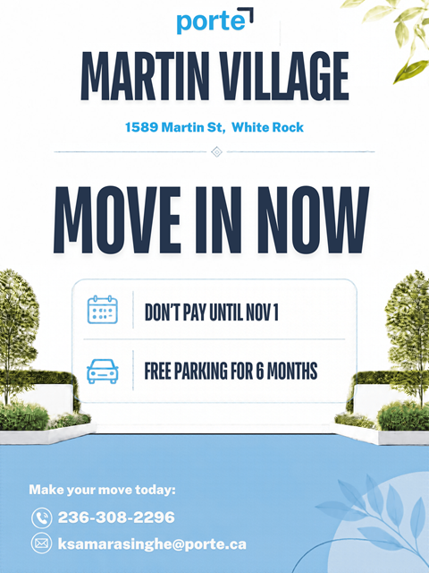 An advertisement for a move-in promotion at Martin Village, offering free parking for six months and no payment until November 1.