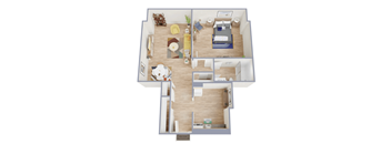 A floor plan of a house with a living room, kitchen, and bedrooms.