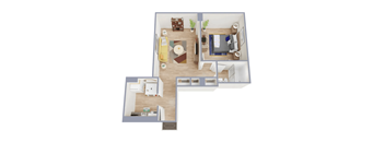 A top down view of a small apartment with a living room, kitchen, and bedroom.
