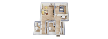 A floor plan of a house with a living room, kitchen, dining room, and bedrooms.