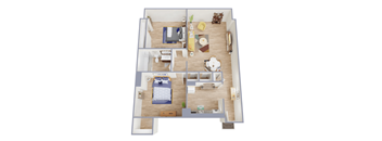 A top-down view of a small apartment with two bedrooms, a living room, and a kitchen.