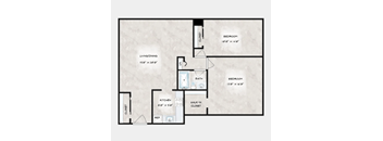 A floor plan of a home with a living room, dining room, kitchen, bathroom, and two bedrooms.