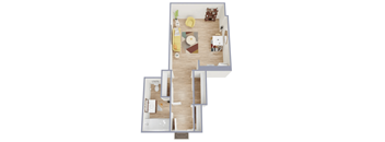 A top-down view of a house interior with a living room, dining area, kitchen, and bathroom.