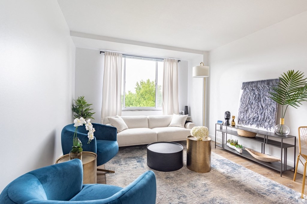 A living room with a white sofa, blue armchair, and a black ottoman.