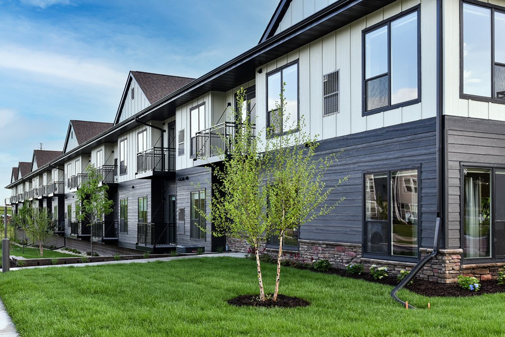 a row of houses with green grass and a tree in the yard
