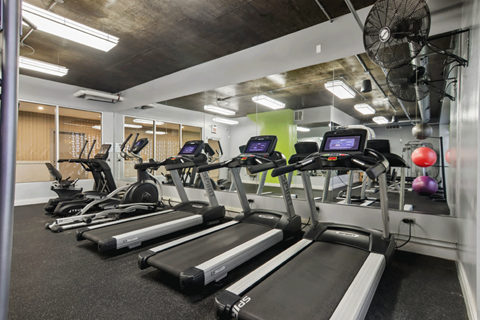 A gym with treadmills and elliptical machines.