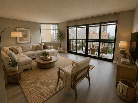 A living room with a large window overlooking a cityscape.