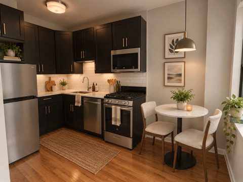 A modern kitchen with dark wood cabinets and stainless steel appliances.