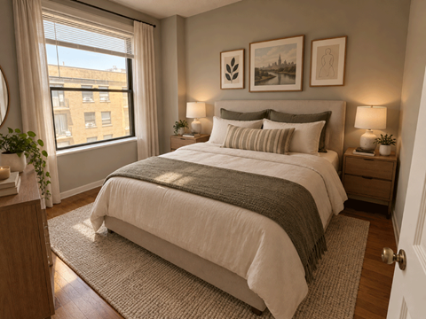 A bedroom with a large bed and a window overlooking a cityscape.